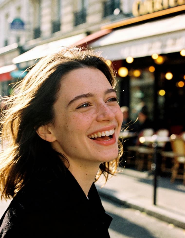 Mulher rindo livremente em um bulevar de Paris ao entardecer
