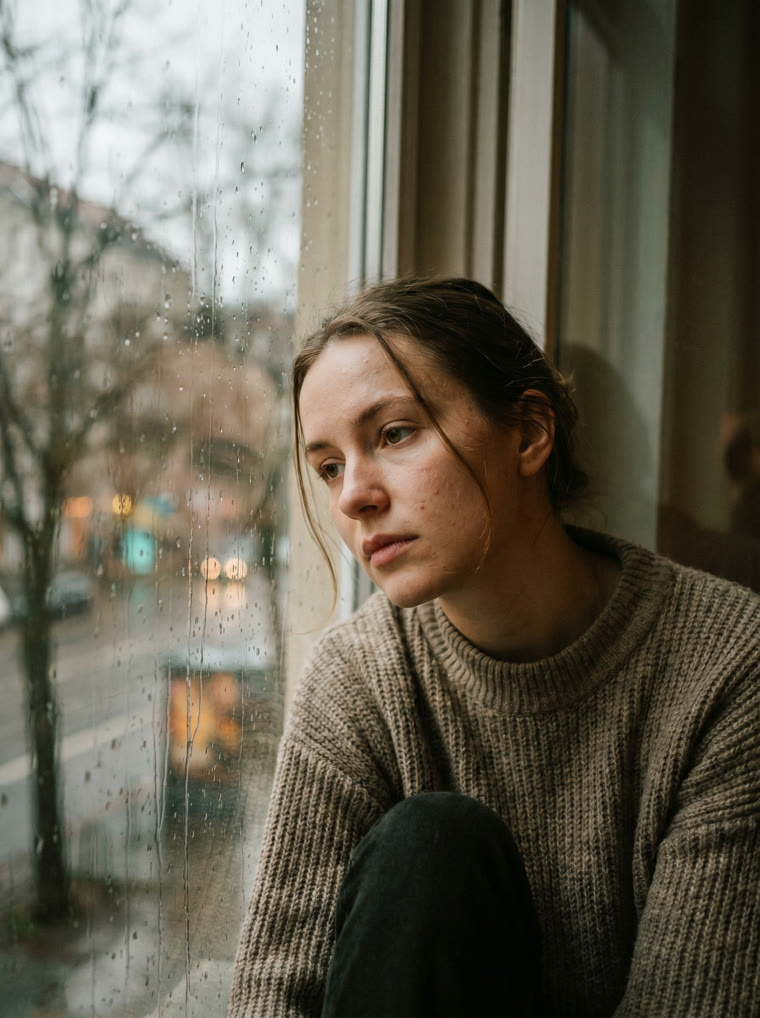 Retrato ambiente de uma mulher junto à janela com chuva