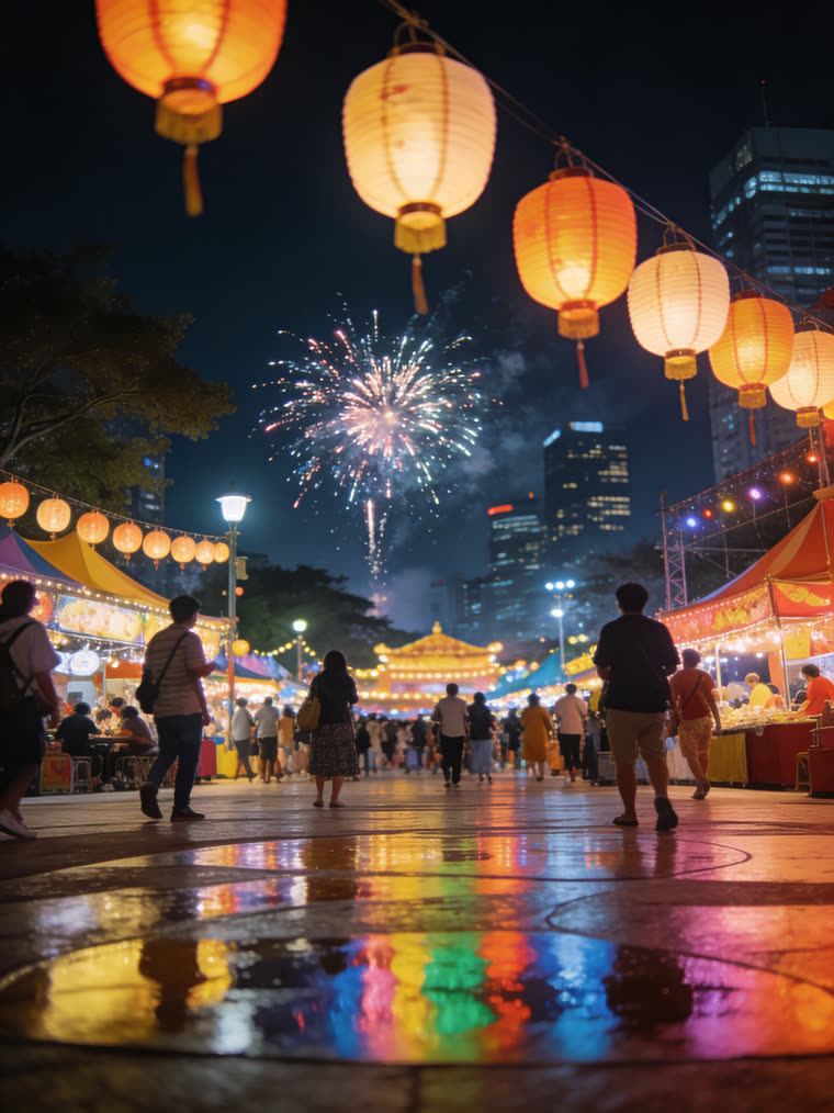 Praça iluminada à noite, cheia de pessoas em festival, com fogos ao fundo