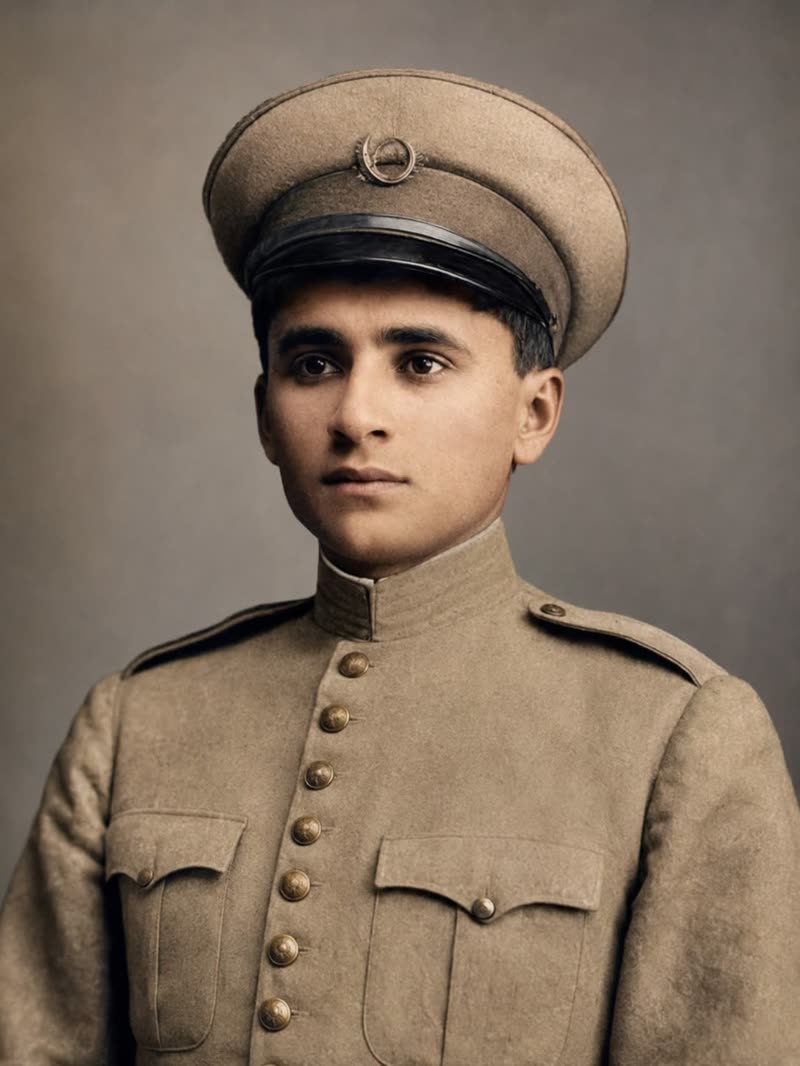 O militar — retrato restaurado, com áreas perdidas reconstruídas e colorização fiel ao uniforme