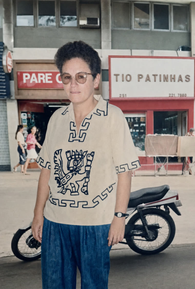 Diante da loja — mulher em frente ao comércio, fotografia restaurada com as cores recuperadas