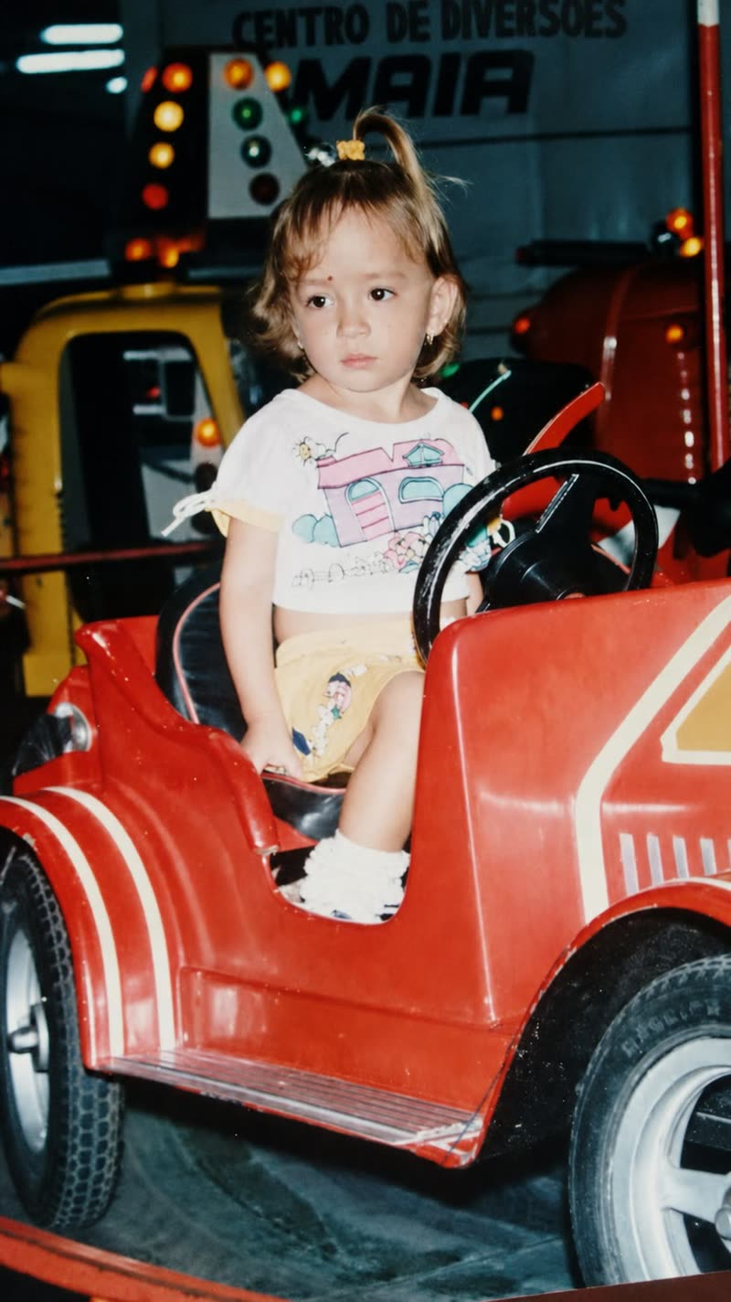 Dia de parque — foto clareada pelo tempo, com as cores do carrinho e da infância de volta
