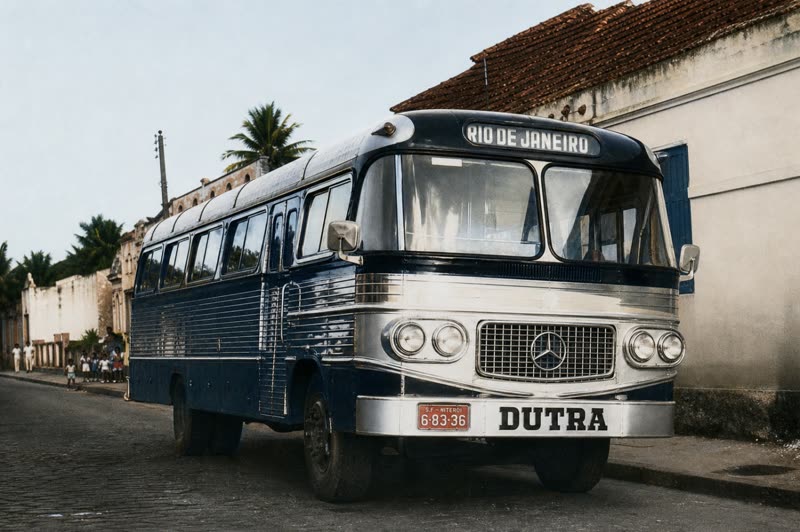 Ônibus antigo — detalhes recuperados e cores estudadas para o período