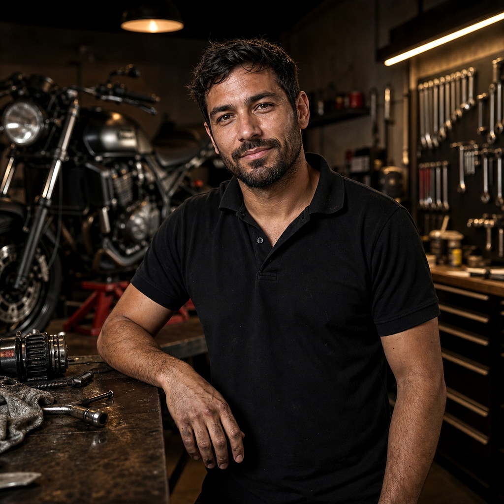 Rafael — técnico especialista fictício da Carbono Moto Studio
