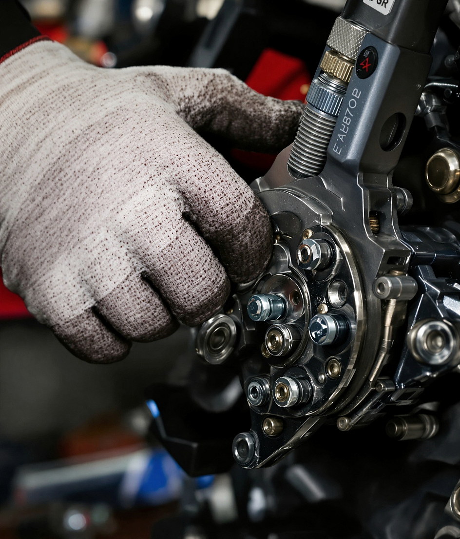 Detalhe de manutenção precisa em sistema de moto